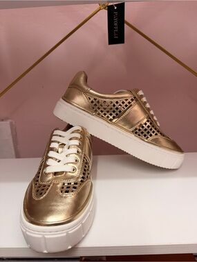 Vince Camuto Metallic Gold Lace-Up Platform Sneakers